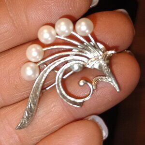 MIKIMOTO 925 Sterling Silver Antique Japan Real Akoya Pearl Floral Pin Brooch